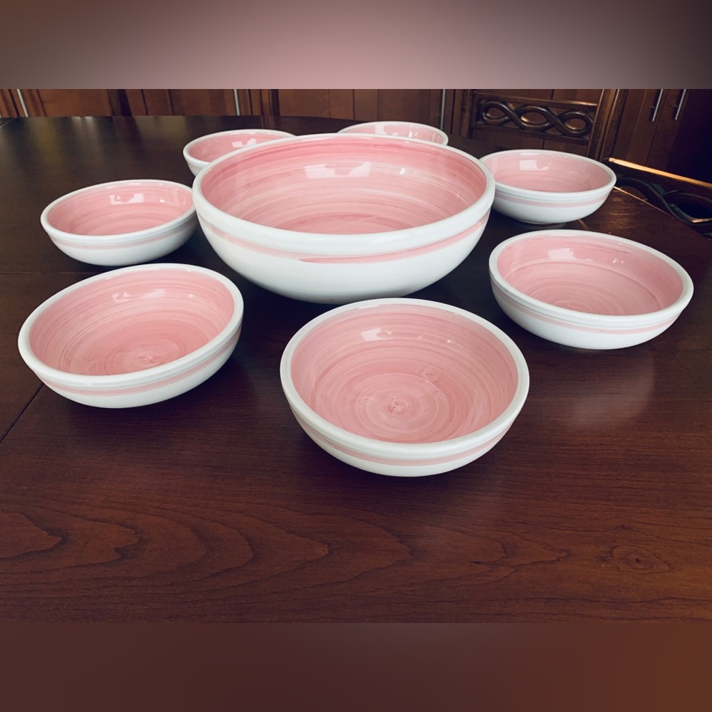 Lovely Pink & White Color Italian Porcelain Large Serving Bowl & 7 Salad bowls